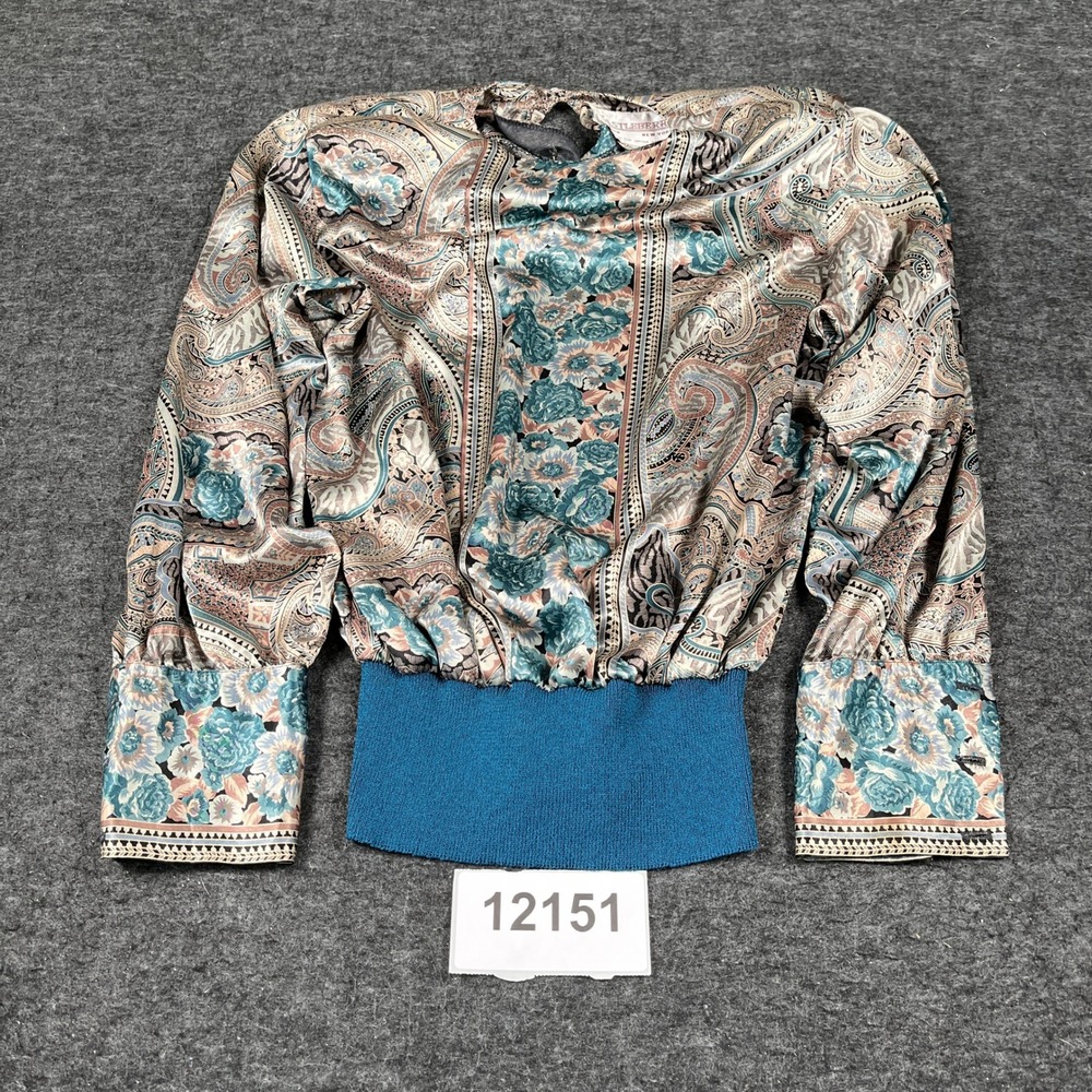 VTG Castleberry Blouse Top Womens 6 Multicolor Paisley Ribbed Hem Keyhole Back